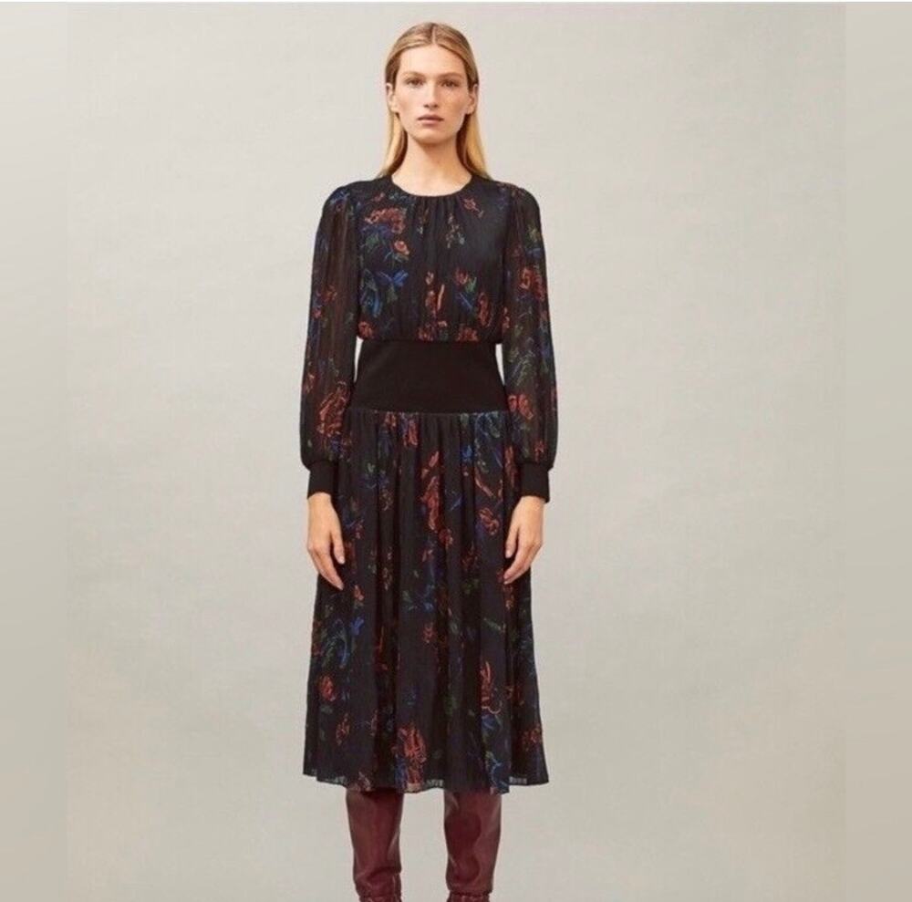 Tory Burch Floral Midi Dress in Ceramic Bouquet Long Sleeve Smocked Waist Size 6